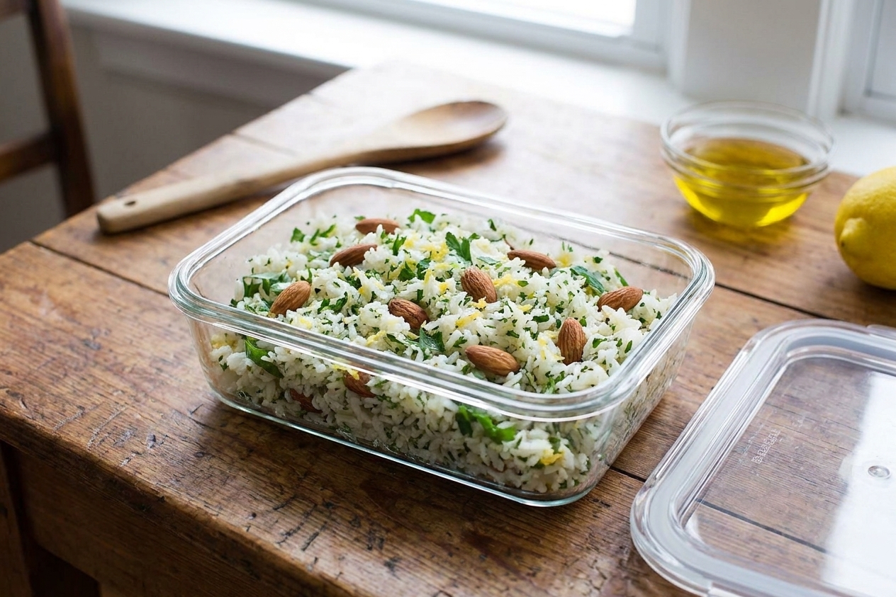 A glass meal-prep container filled with Mediterranean rice, parsley, and almonds, sitting on a kitchen counter with a lid nearby