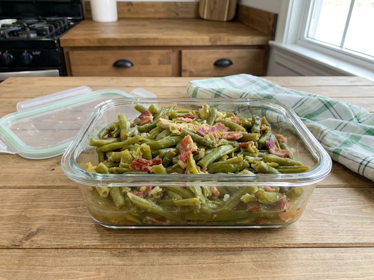 A glass meal prep container filled with Southern green beans and bacon with a little broth, sitting on a kitchen counter with the lid beside it