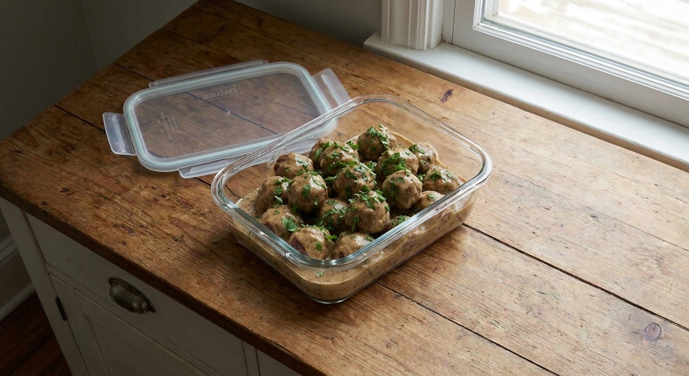 A glass meal prep container filled with Swedish meatballs and creamy gravy, lid set nearby on a kitchen counter
