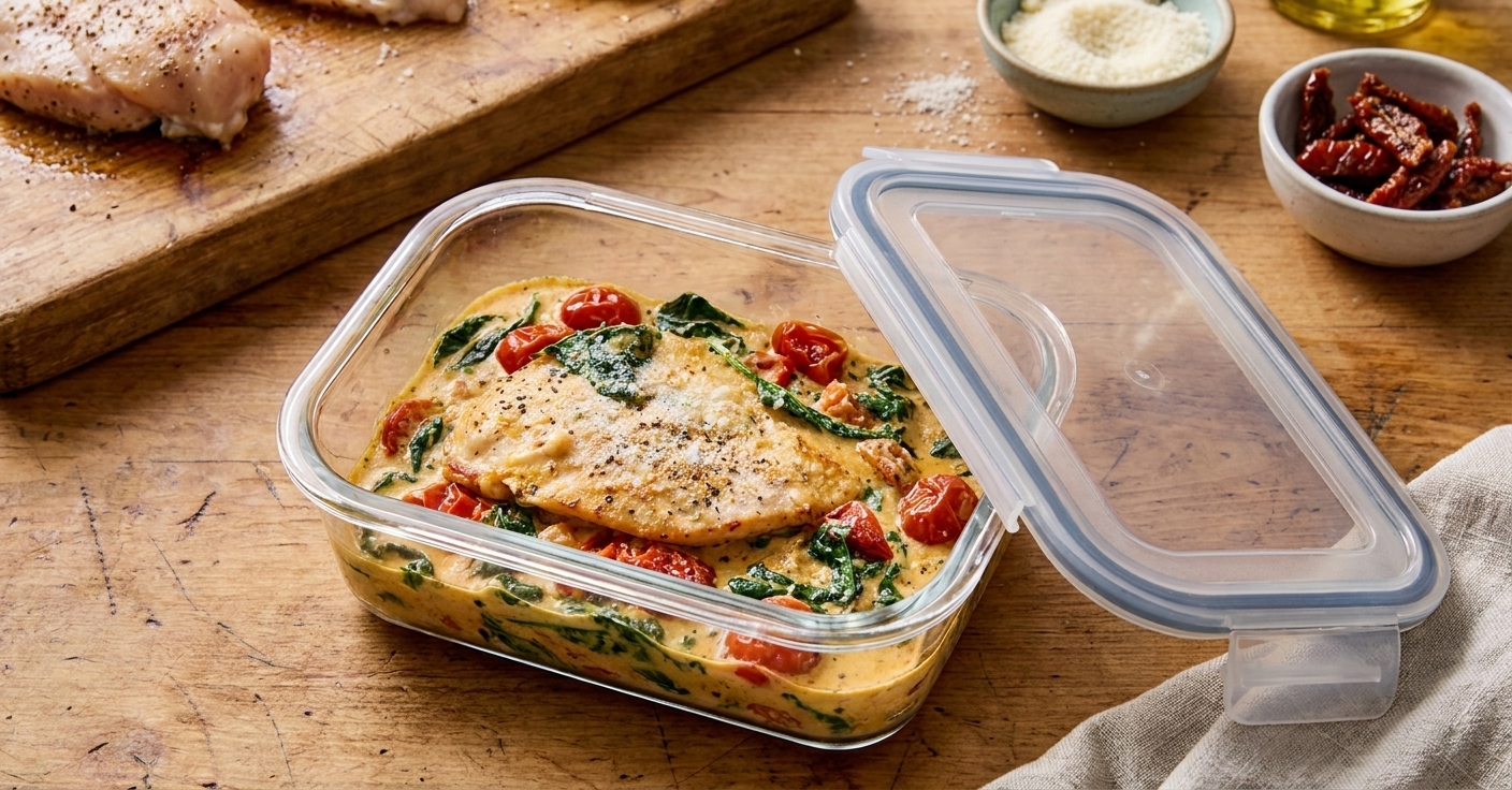 A glass meal prep container filled with Tuscan chicken, spinach, and creamy sauce, sitting on a kitchen counter next to a fitted lid
