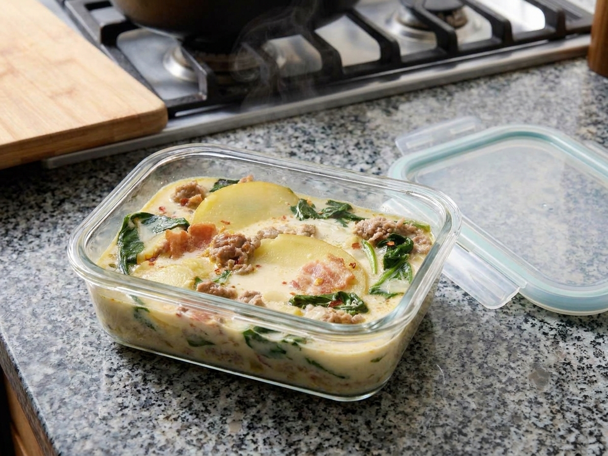 A glass meal prep container filled with Zuppa Toscana soup with potatoes and kale, cooling on a kitchen counter with a lid nearby