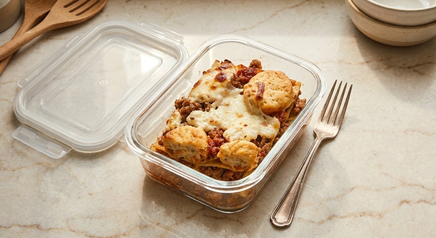 A glass meal prep container filled with a portion of dumpling lasagna, with the lid set beside it on a kitchen counter