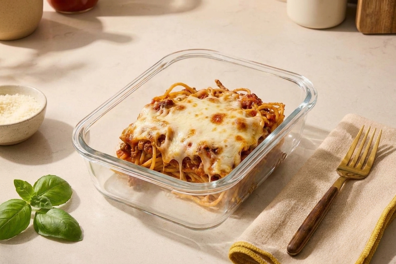 A glass meal prep container filled with a square portion of spaghetti bake topped with melted cheese, sitting on a kitchen counter with a fork beside it