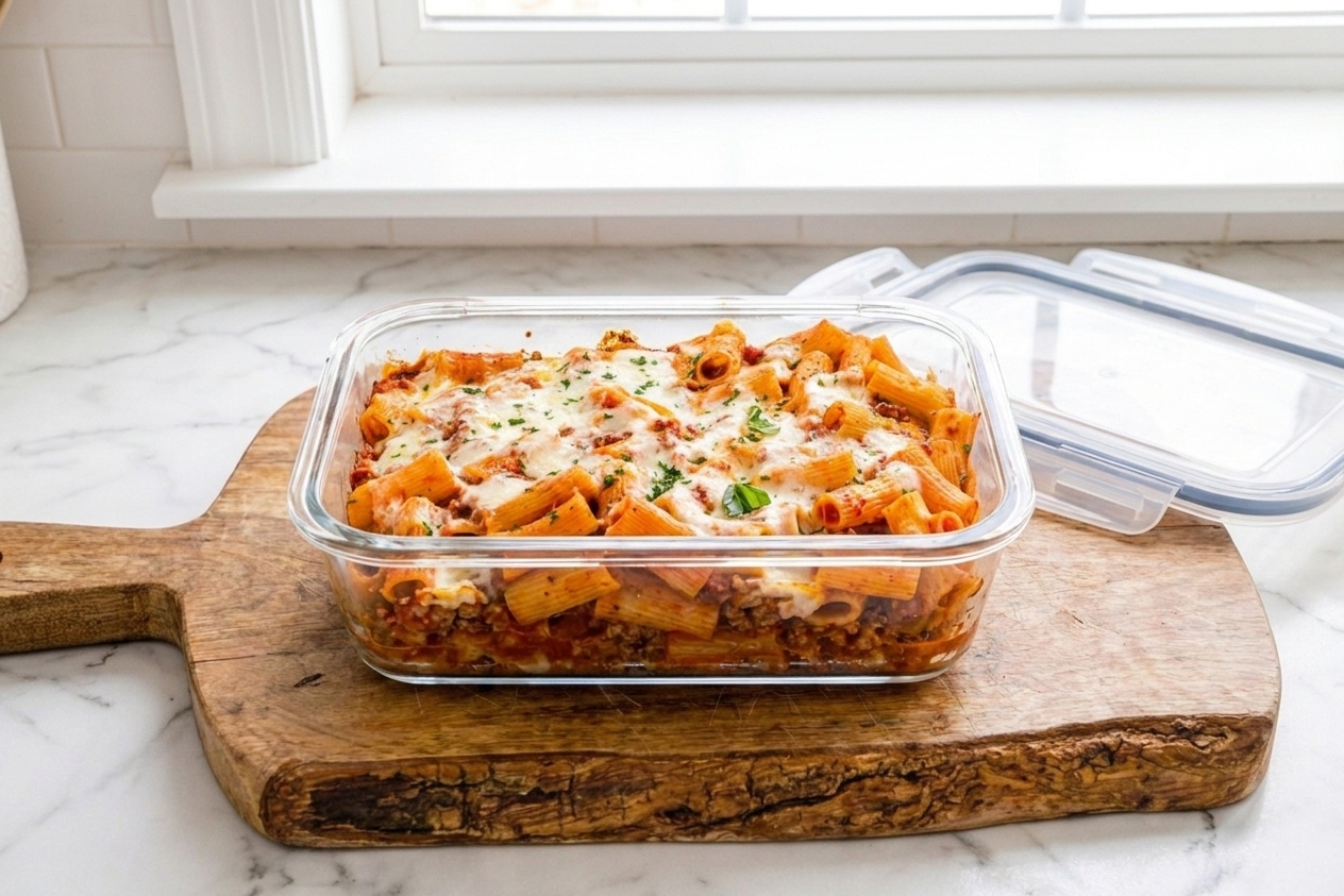 A glass meal prep container filled with baked rigatoni leftovers, topped with a bit of mozzarella, sitting on a kitchen counter with a lid nearby