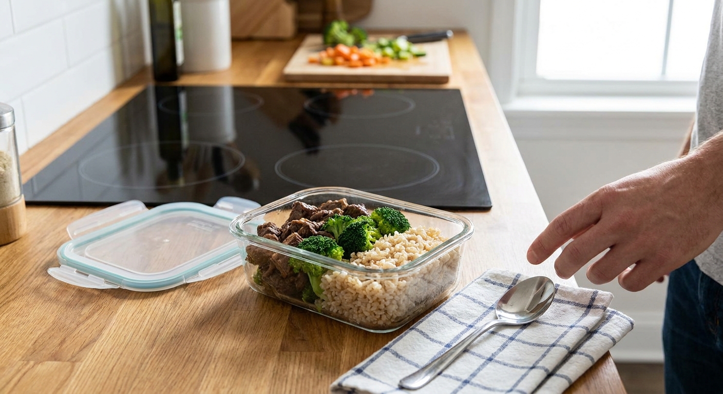 A glass meal prep container filled with beef and broccoli and rice, lid off on a kitchen counter with a spoon beside it