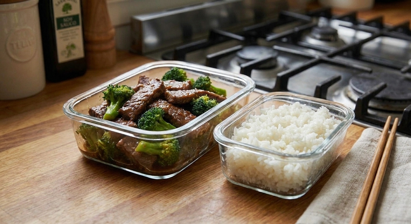 A glass meal prep container filled with beef and broccoli stir fry next to a separate container of steamed rice on a clean kitchen counter