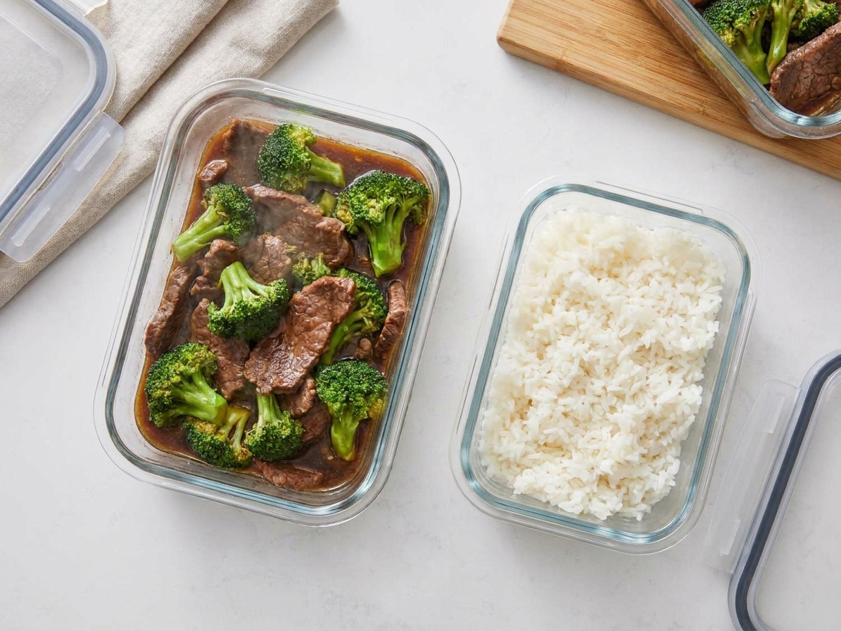 A glass meal prep container filled with beef and broccoli in sauce next to a separate container of cooked rice on a kitchen counter