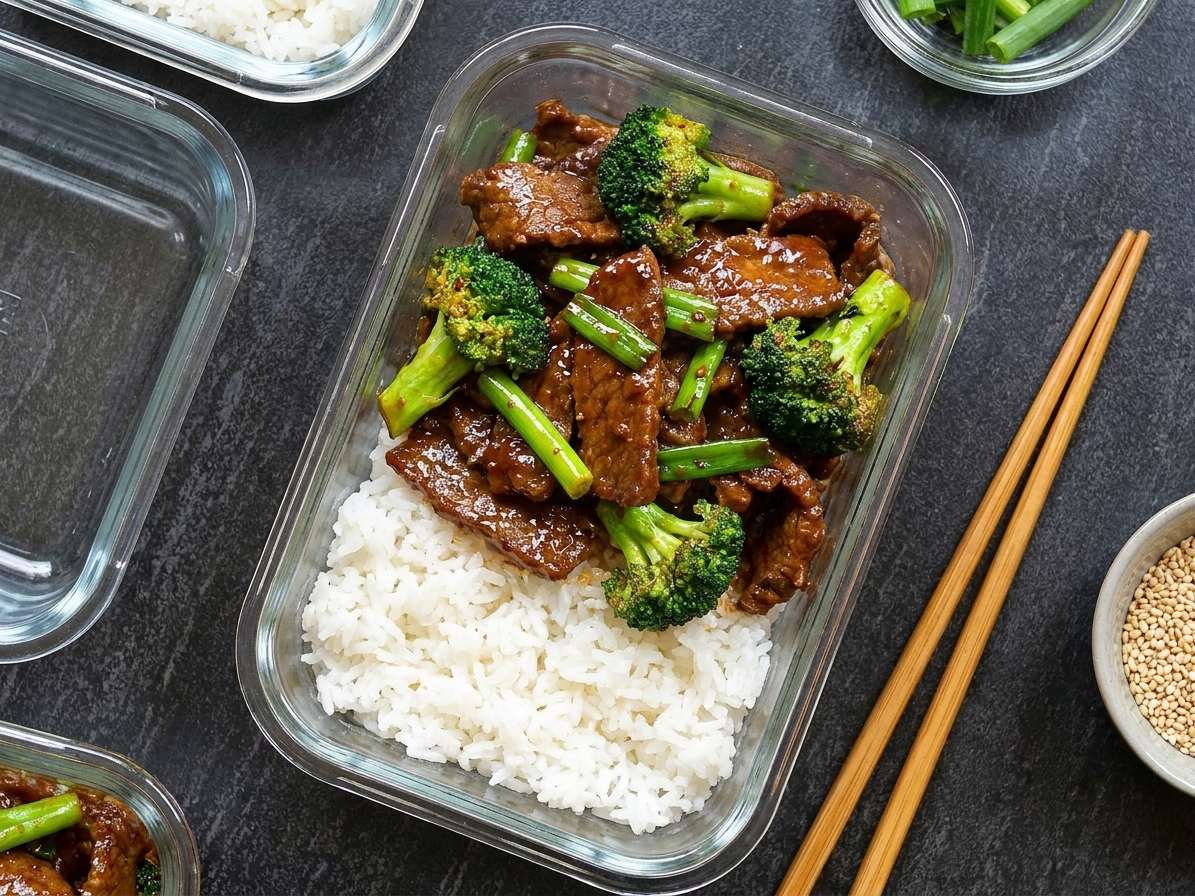 A glass meal prep container filled with beef and broccoli stir-fry and rice on a kitchen counter