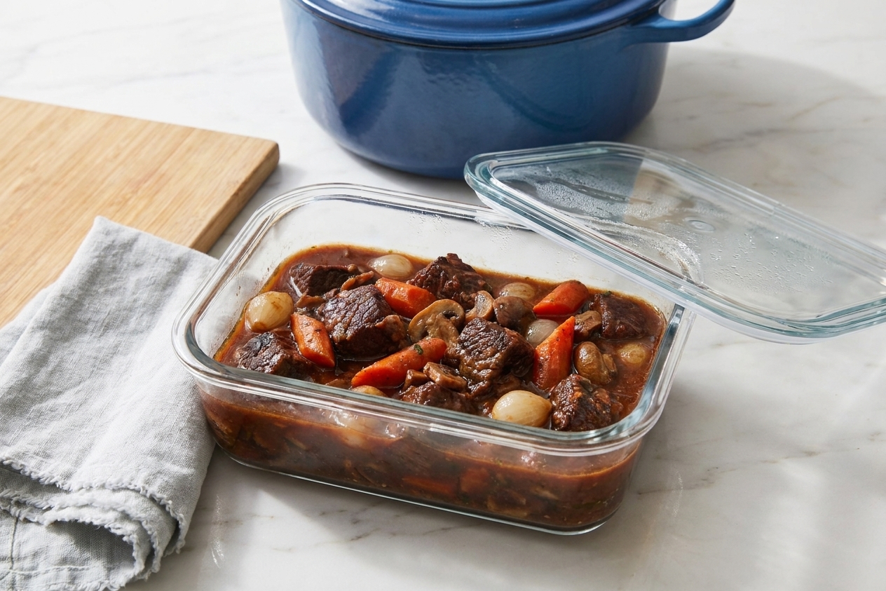 A glass meal prep container filled with beef burgundy and sauce, cooling before storing