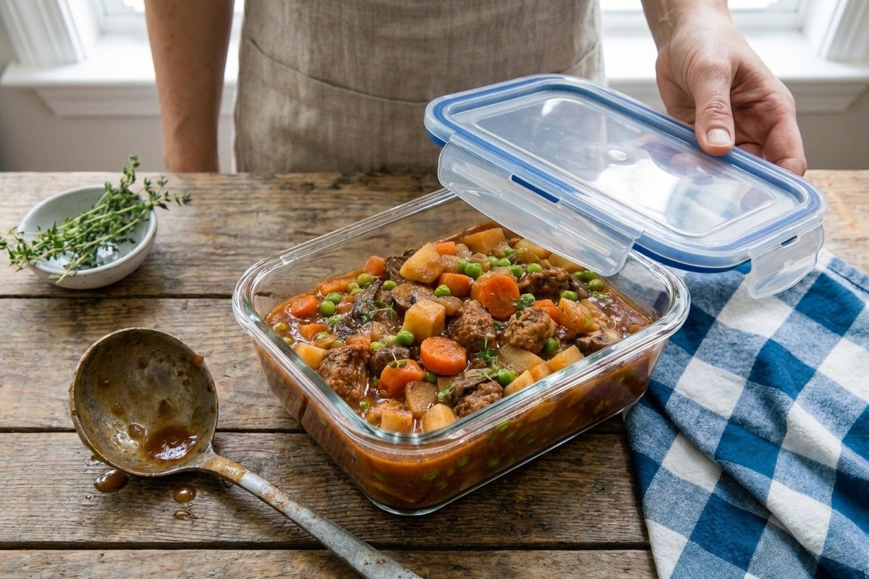 A glass meal prep container filled with beef stew, cooled and ready to be sealed, sitting on a kitchen counter next to a ladle