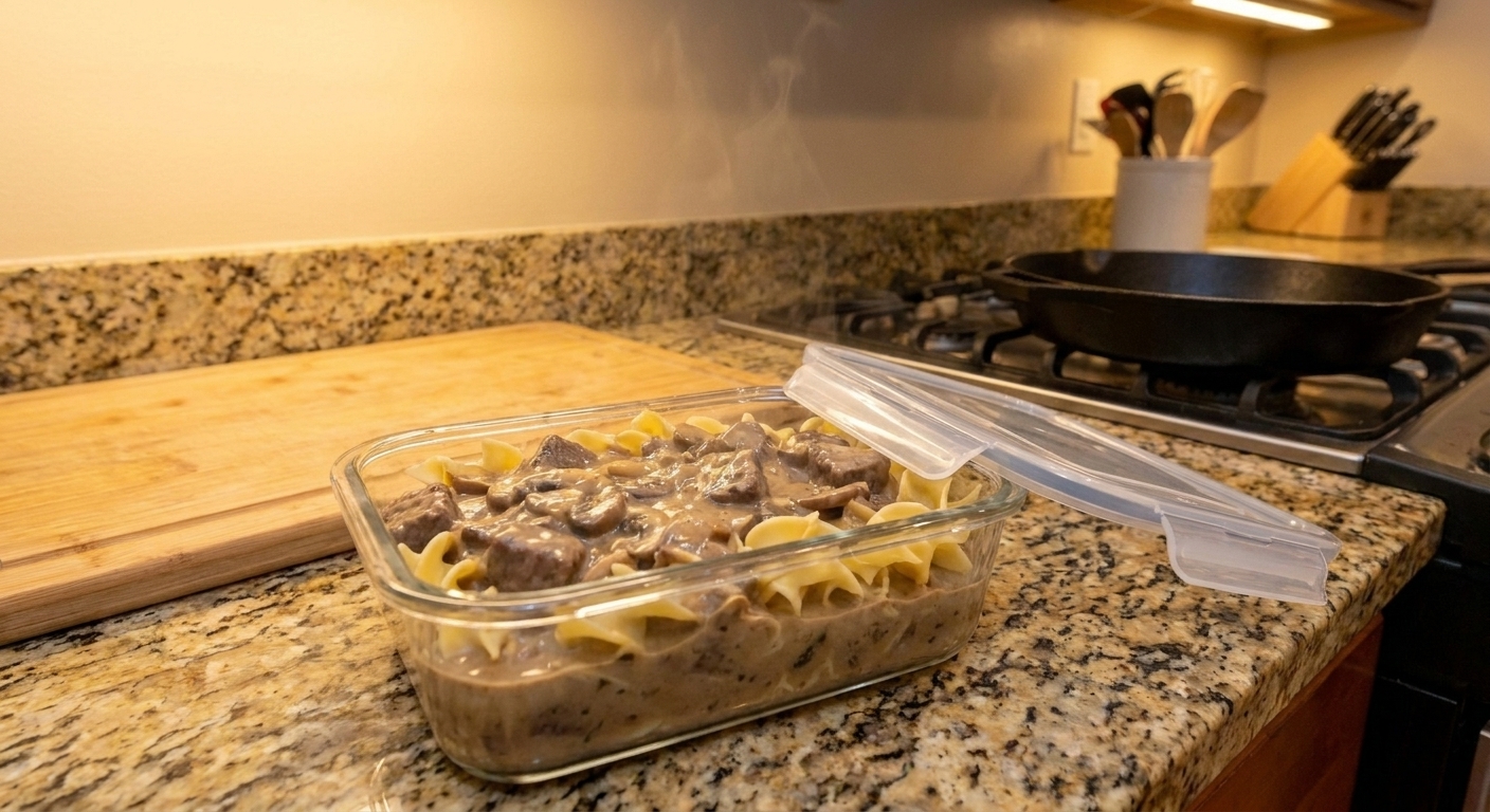 A glass meal prep container filled with beef stroganoff and egg noodles, with the lid set beside it on a clean kitchen counter