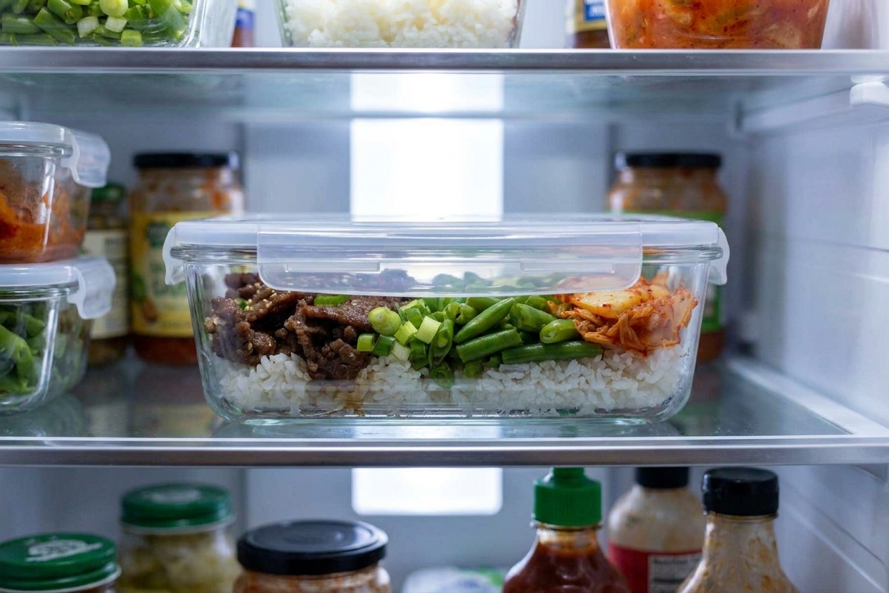 A glass meal prep container filled with beef teriyaki and rice, covered with a lid on a refrigerator shelf