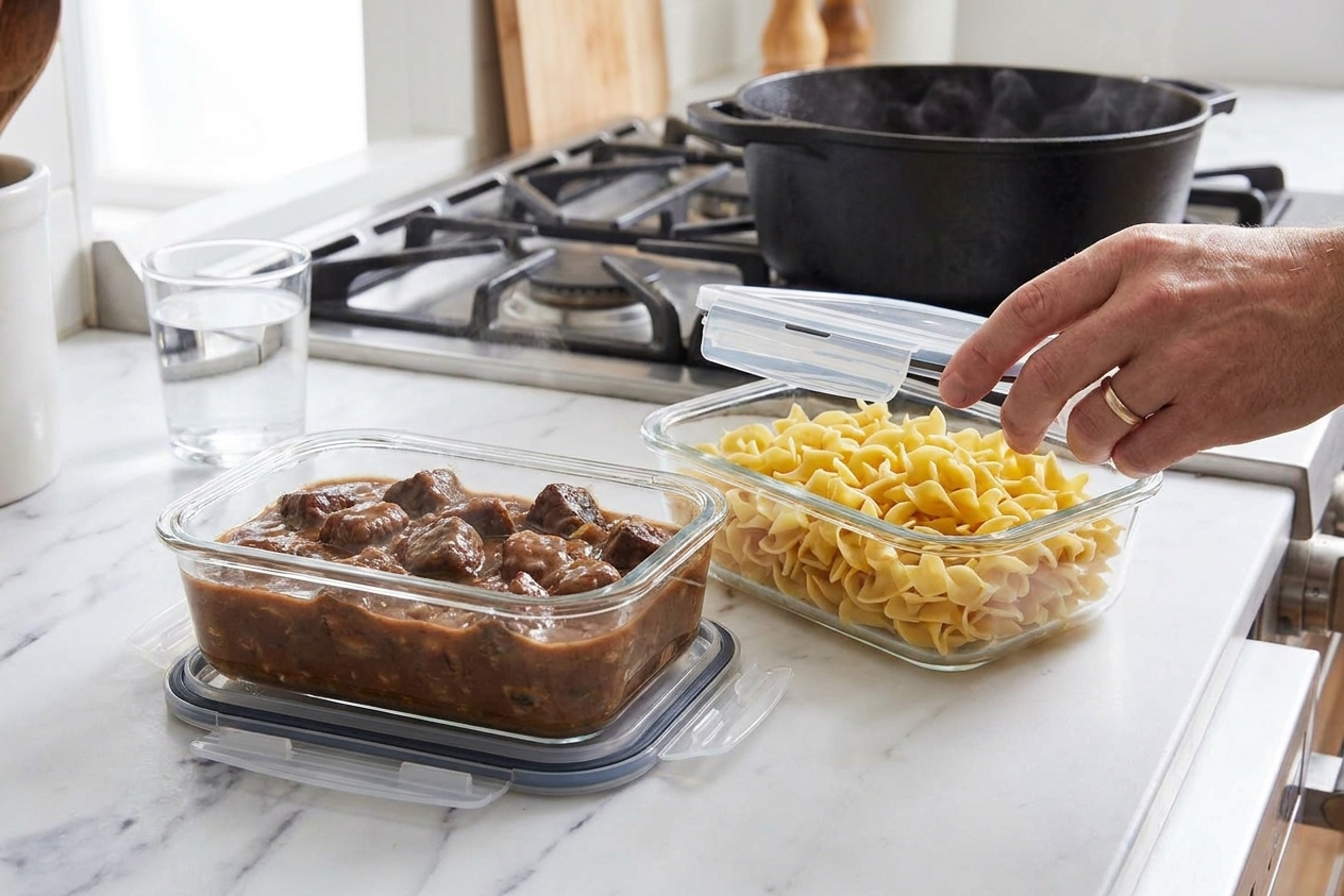 A glass meal prep container filled with beef tips and brown gravy next to a separate container of cooked egg noodles on a kitchen counter