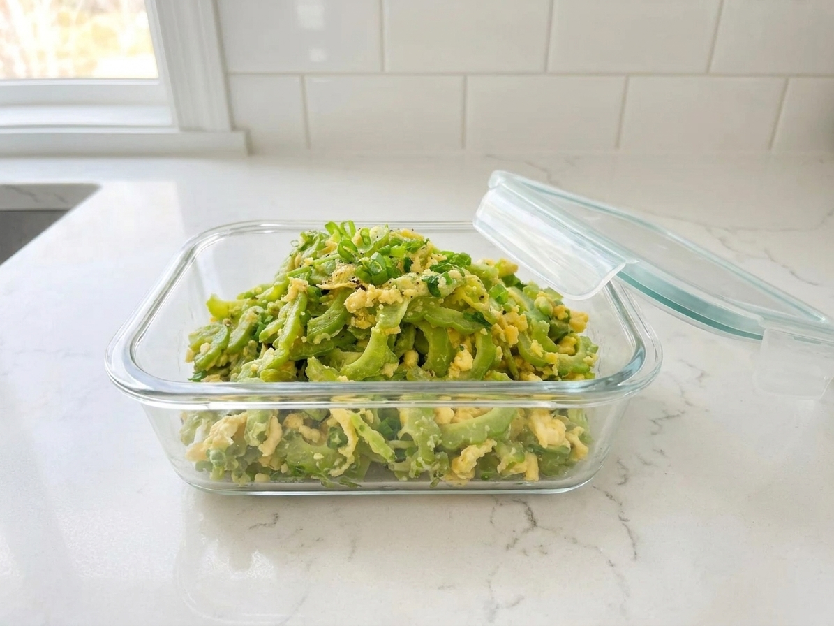 A glass meal prep container filled with bitter melon and egg stir-fry with the lid set beside it on a kitchen counter