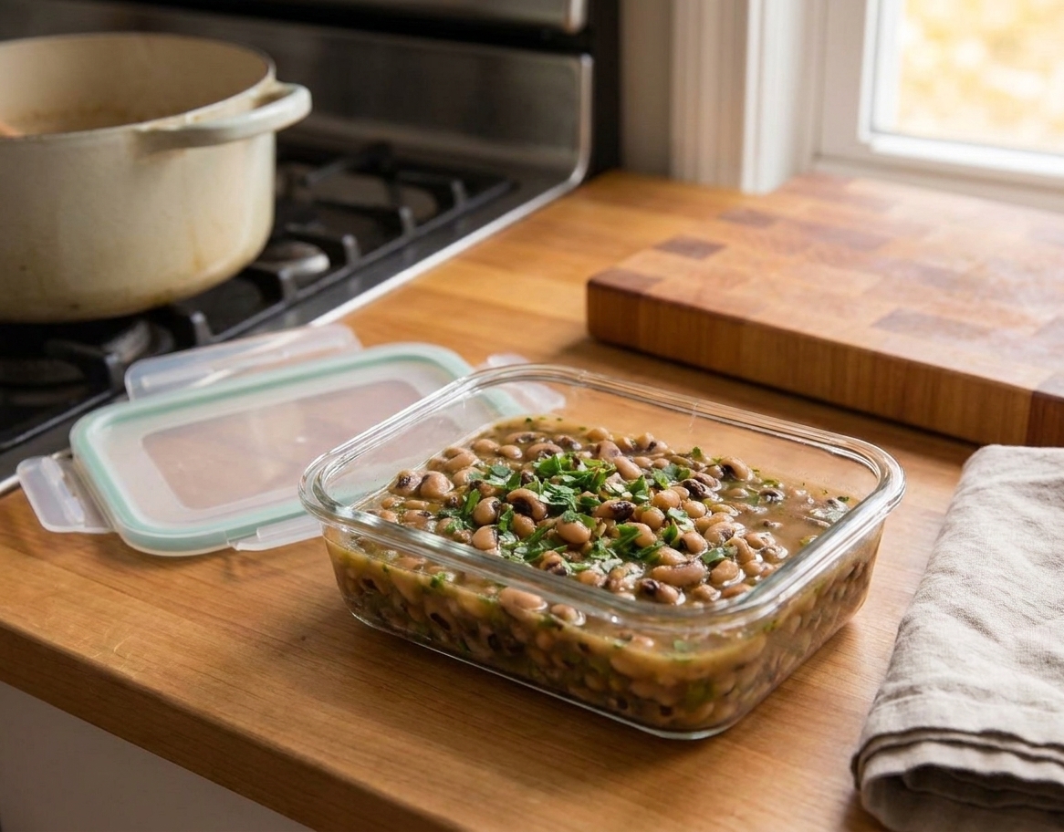 A glass meal prep container filled with black eyed peas and smoky broth cooling on a kitchen counter