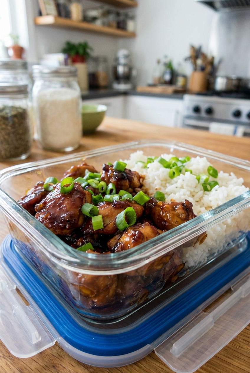A glass meal prep container filled with bourbon chicken and rice, topped with scallions