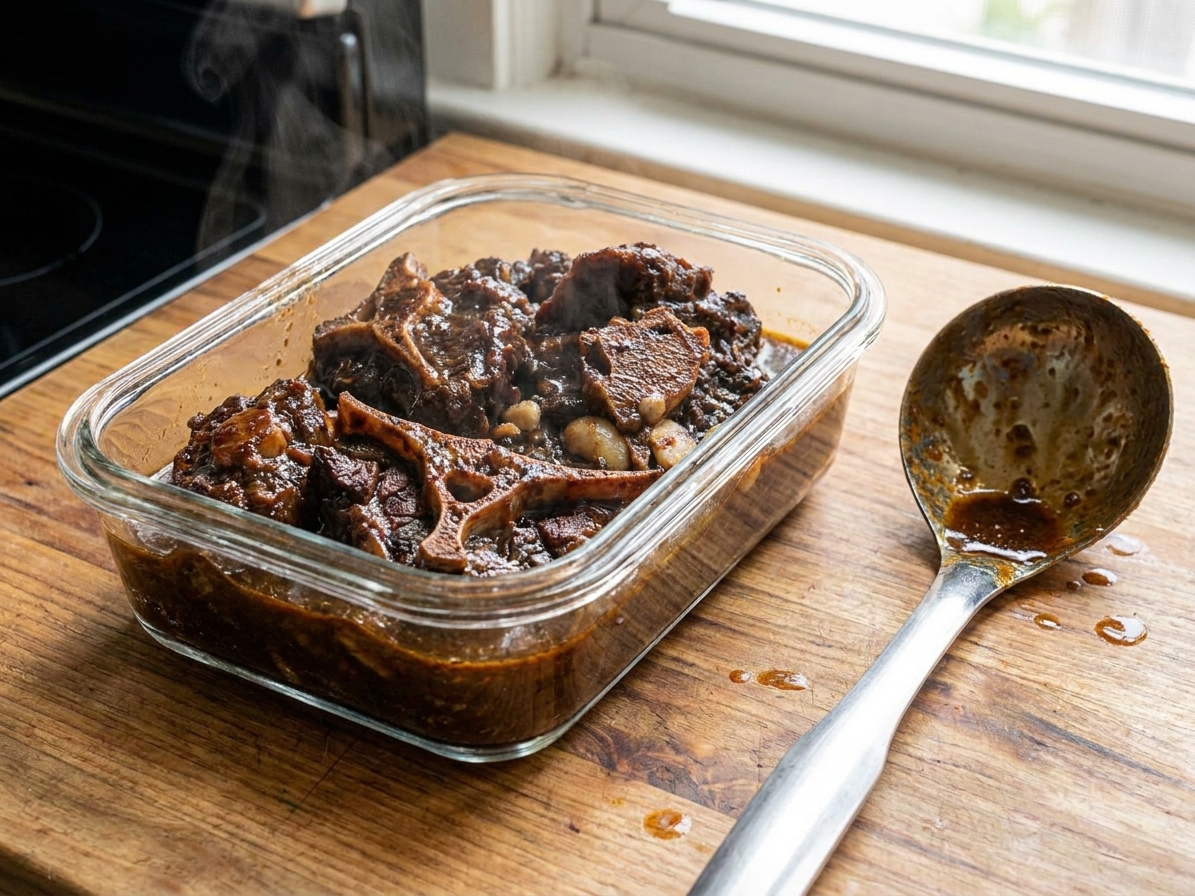 A glass meal prep container filled with braised beef tail and sauce cooling on a kitchen counter next to a ladle