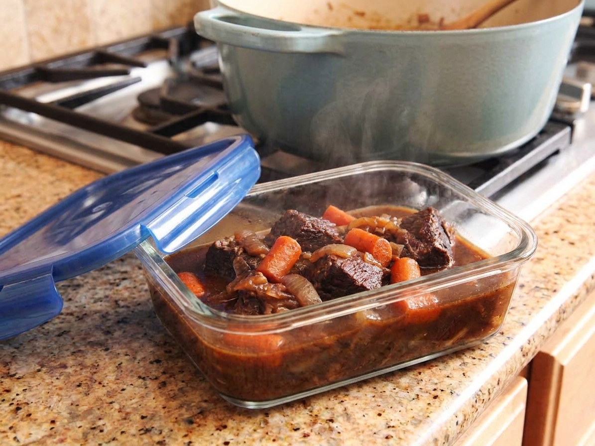 A glass meal prep container filled with braised beef and sauce cooling on a kitchen counter with a lid nearby