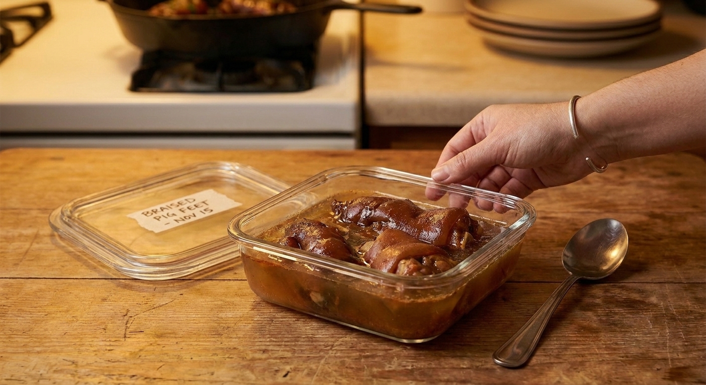 A glass meal prep container filled with braised pig feet and gelled broth on a kitchen counter next to a labeled lid and spoon