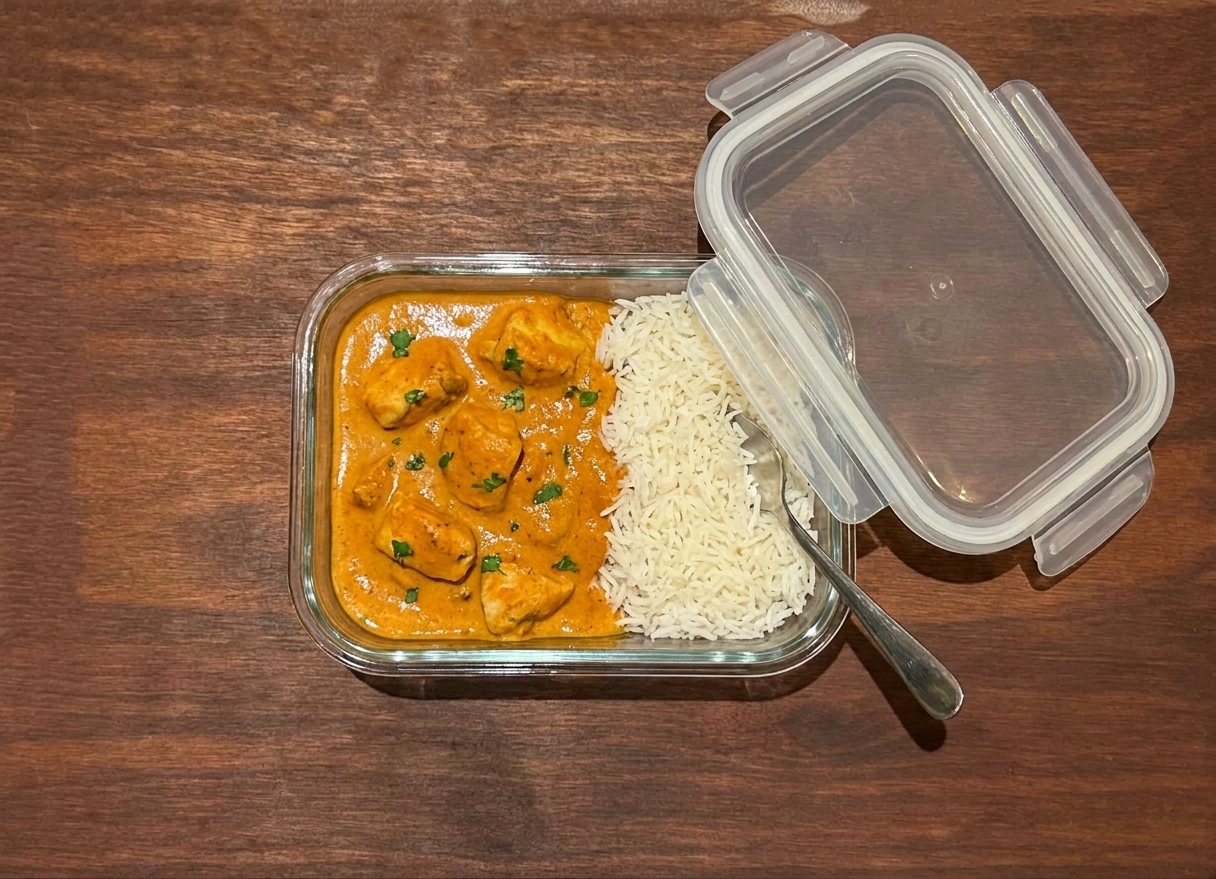A glass meal prep container filled with butter chicken and rice, lid resting beside it on a kitchen counter