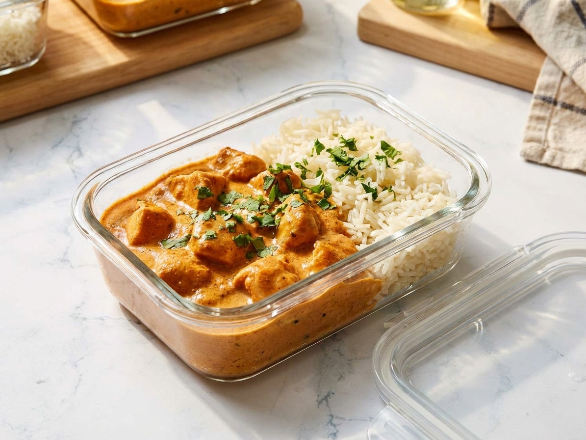 A glass meal prep container filled with butter chicken and rice, lid set beside it on a kitchen counter in warm light