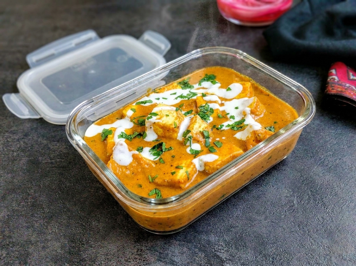 A glass meal prep container filled with butter paneer masala cooling on a kitchen counter with the lid nearby