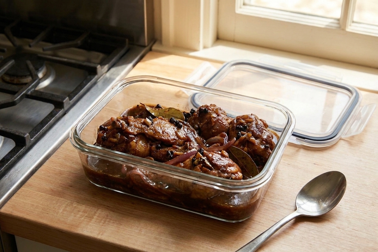 A glass meal prep container filled with chicken adobo and sauce, lid off on a kitchen counter with a spoon nearby