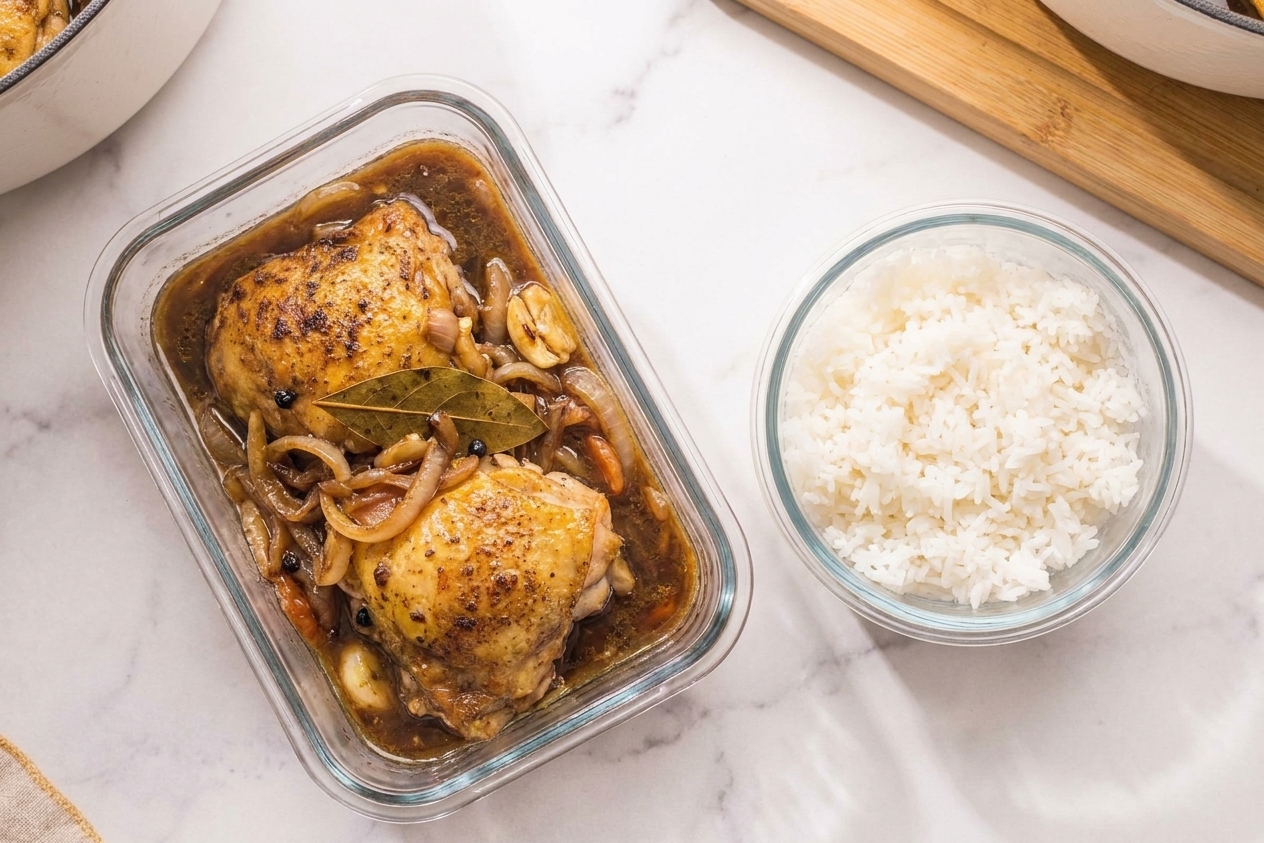 A glass meal prep container filled with chicken adobo and sauce next to a small container of steamed rice on a kitchen counter