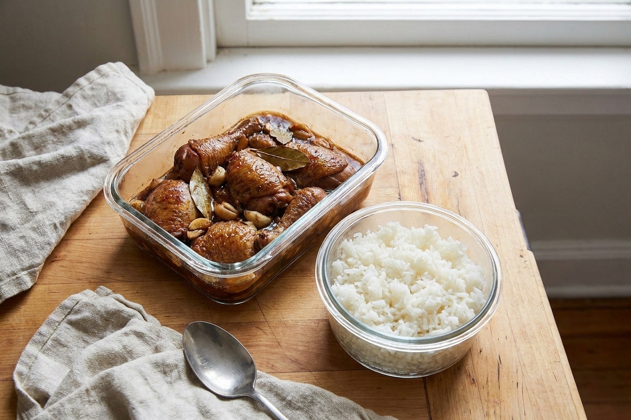 A glass meal prep container filled with chicken adobo and sauce next to a small container of rice on a clean kitchen counter