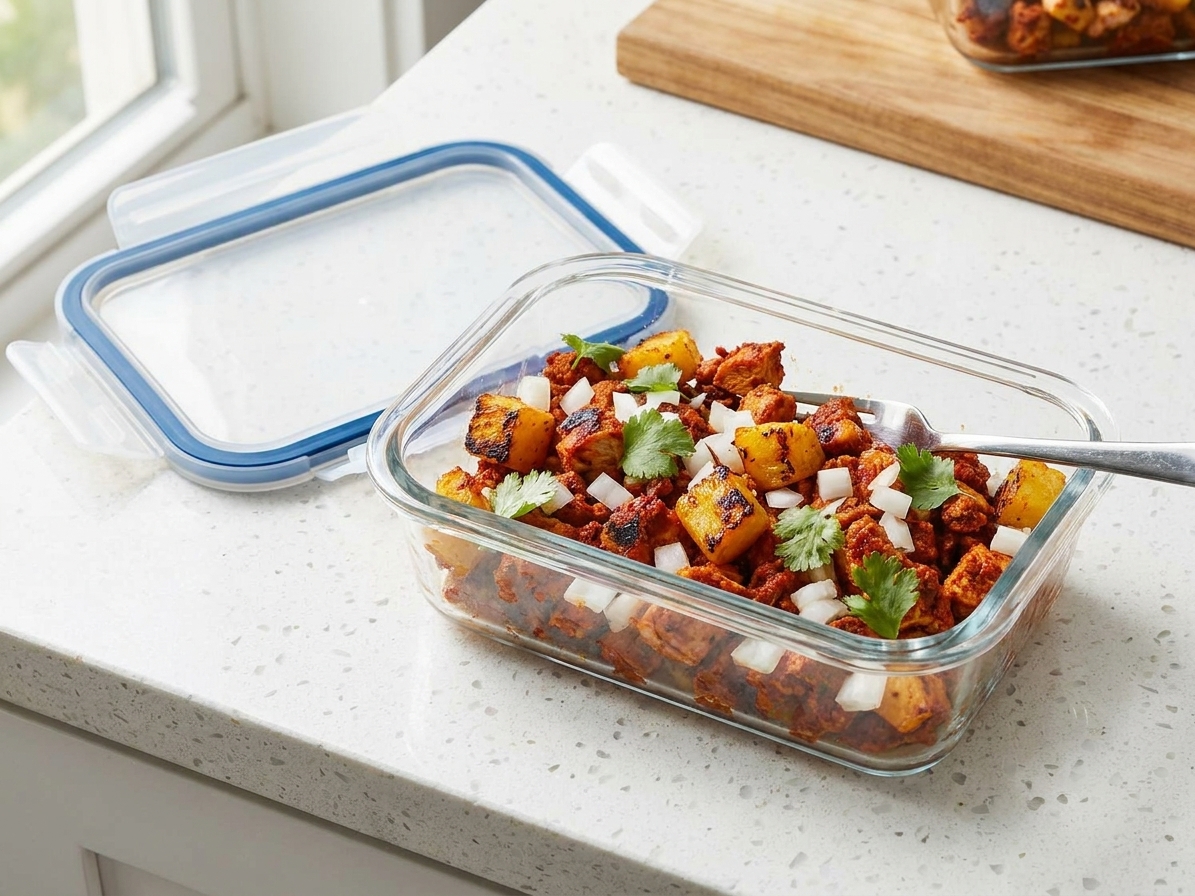 A glass meal prep container filled with chicken al pastor, charred pineapple, and onions on a kitchen counter with a lid nearby
