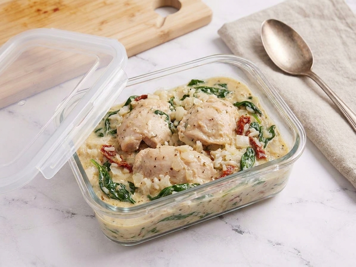 A glass meal prep container filled with chicken and rice leftovers on a kitchen counter with a lid set beside it