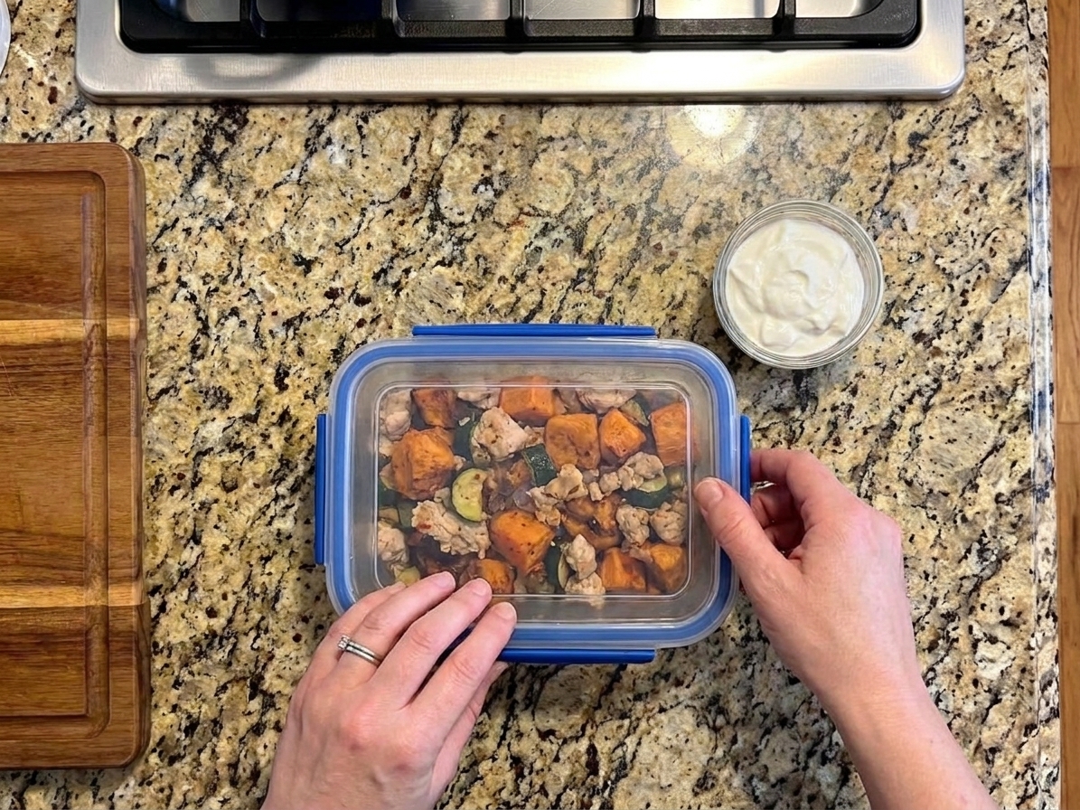 A glass meal prep container filled with chicken and sweet potato skillet leftovers next to a small jar of lime yogurt sauce on a kitchen counter