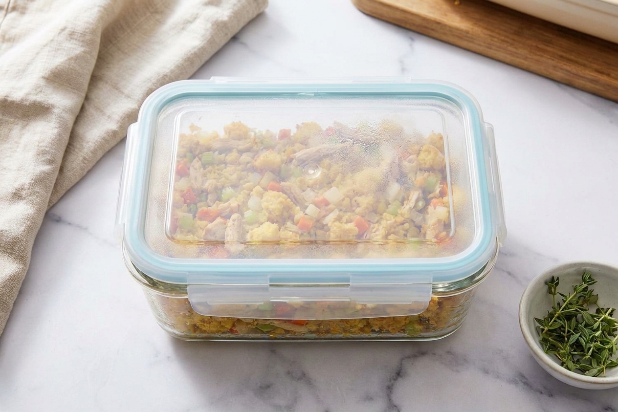 A glass meal prep container filled with chicken and dressing leftovers with a snapped-on lid on a kitchen counter