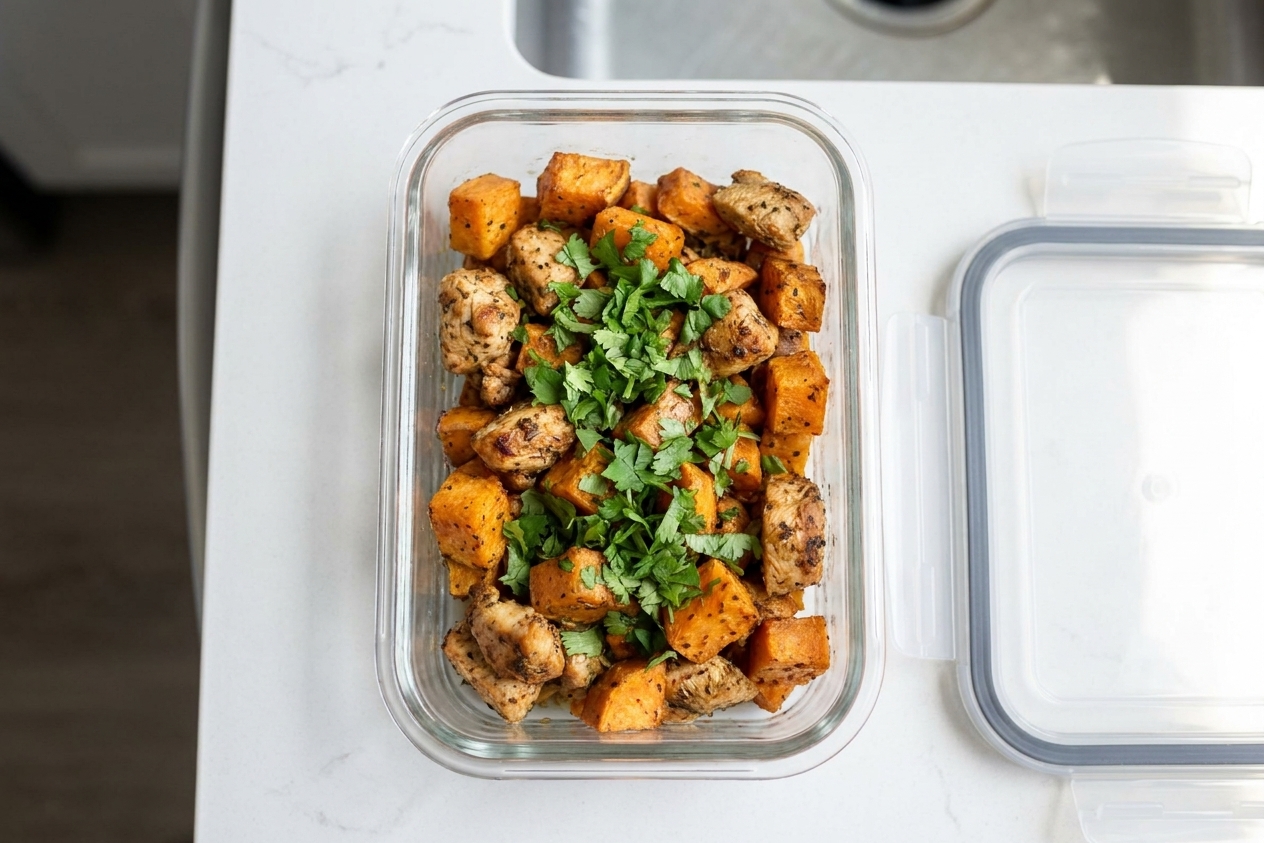A glass meal prep container filled with chicken and sweet potato hash, topped with cilantro, sitting on a kitchen counter next to a lid