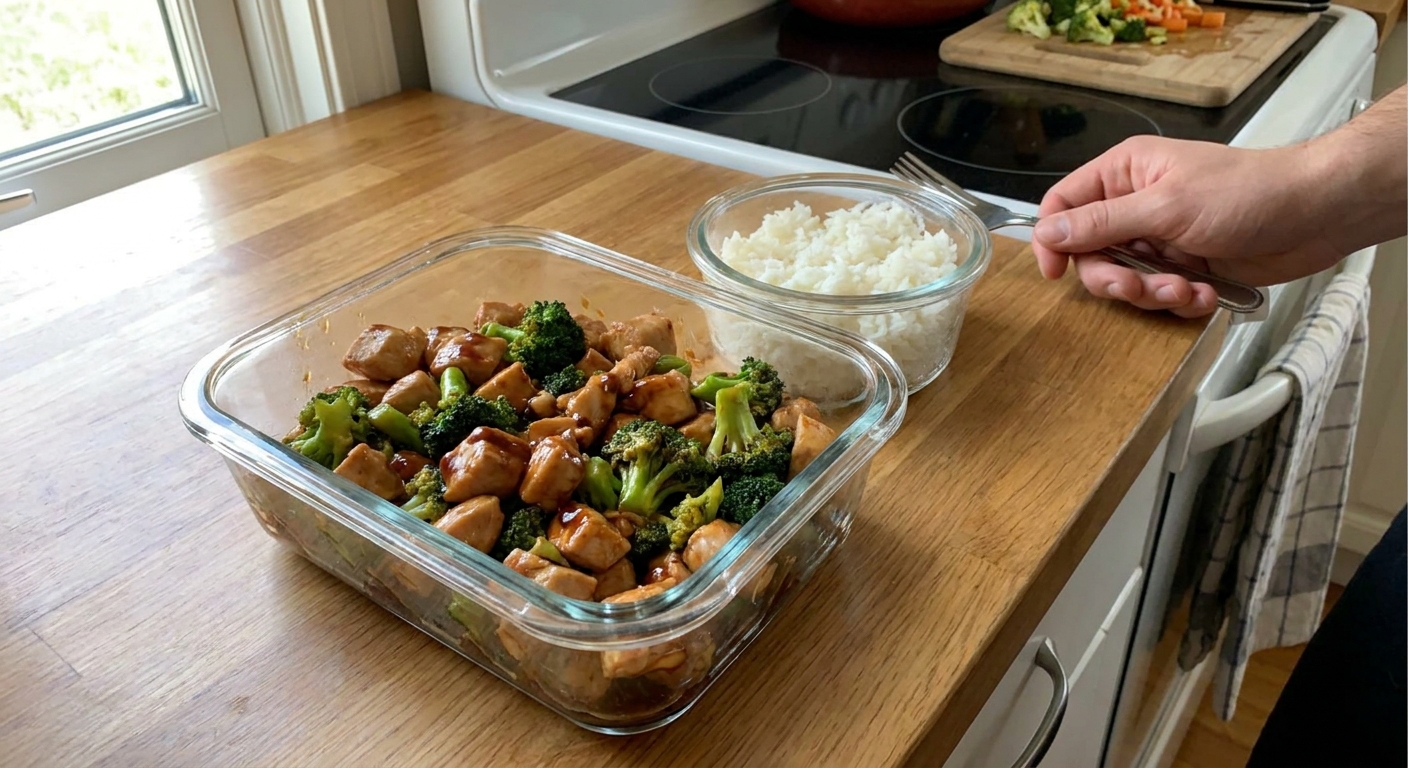 A glass meal prep container filled with chicken and broccoli in brown sauce next to a small container of rice on a kitchen counter