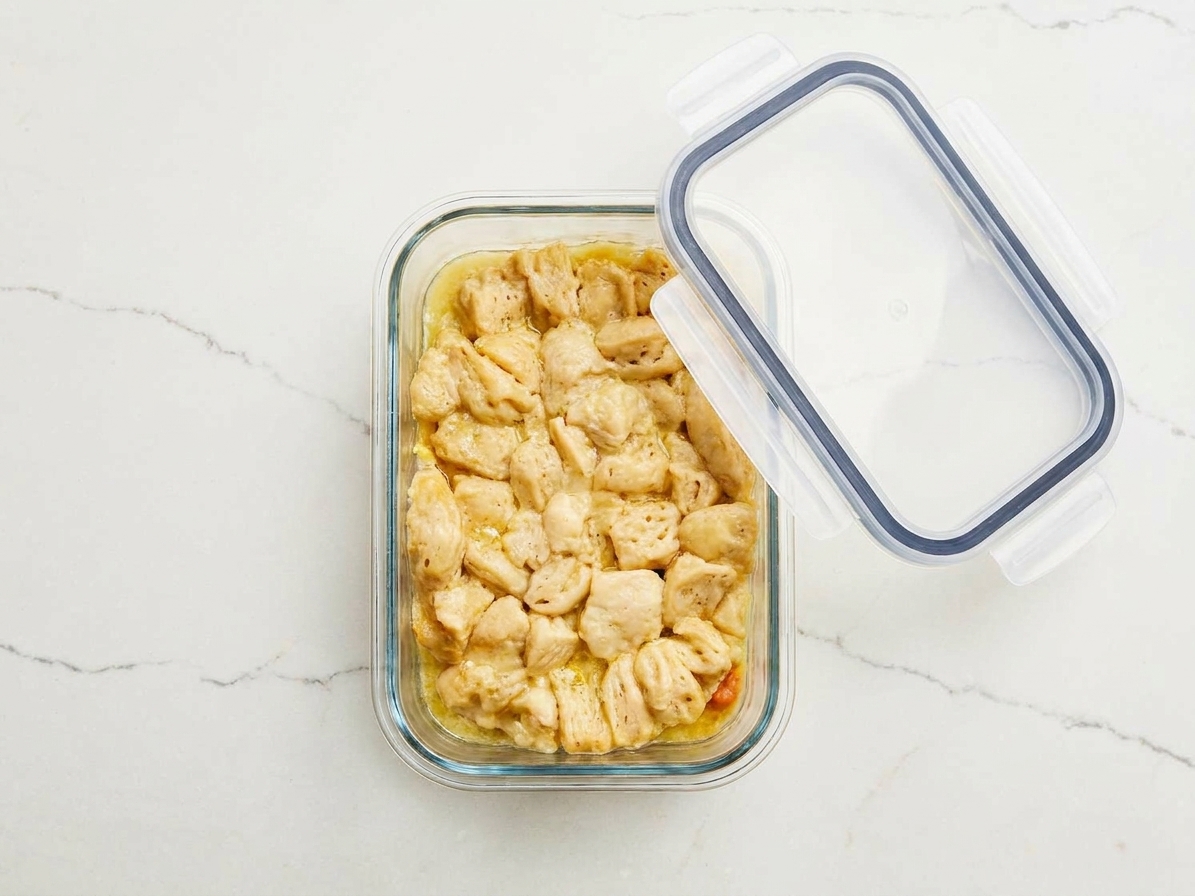 A glass meal prep container filled with chicken and dumplings leftovers with a lid beside it on a kitchen counter