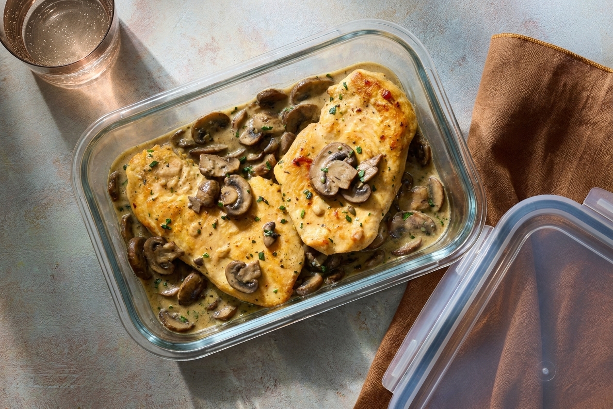 A glass meal prep container filled with chicken fricassee and mushrooms in creamy sauce sitting on a kitchen counter next to a lid