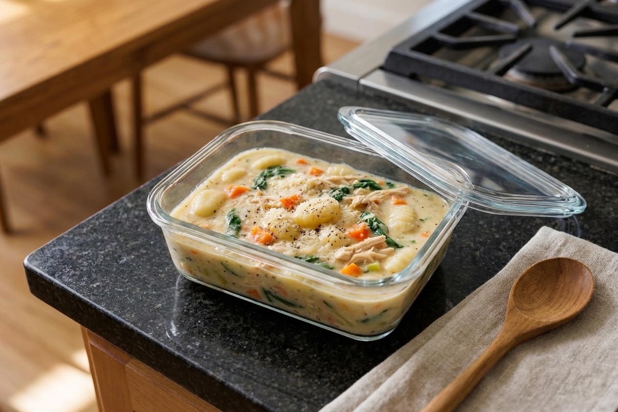 A glass meal prep container filled with chicken gnocchi soup, lid resting beside it on a kitchen counter