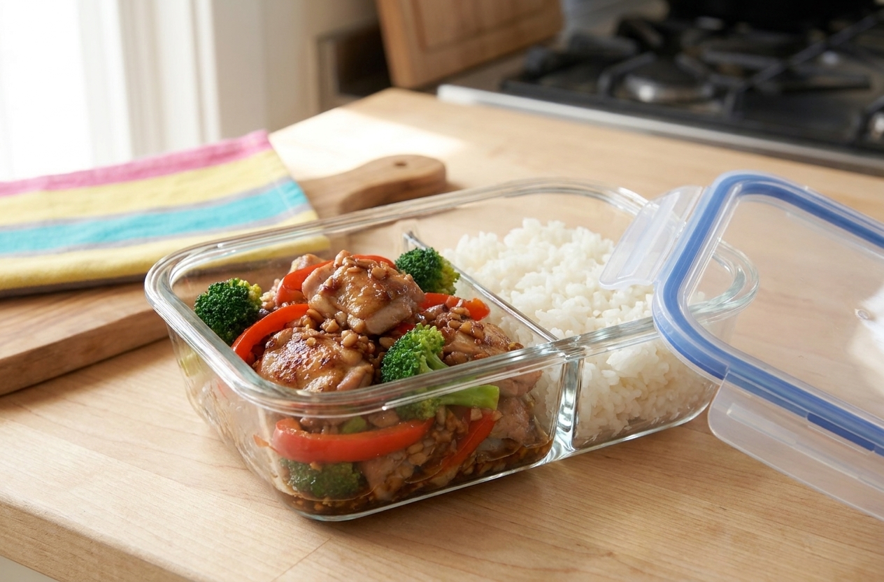 A glass meal prep container filled with chicken stir-fry and rice, lid set beside it on a kitchen counter
