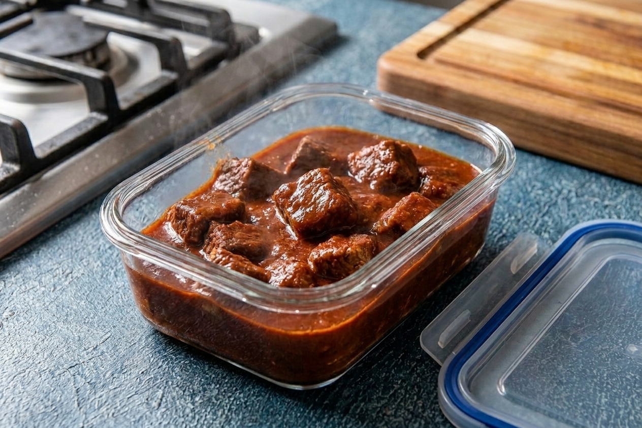 A glass meal prep container filled with chile colorado, deep red sauce surrounding beef pieces, sitting on a kitchen counter with a lid nearby