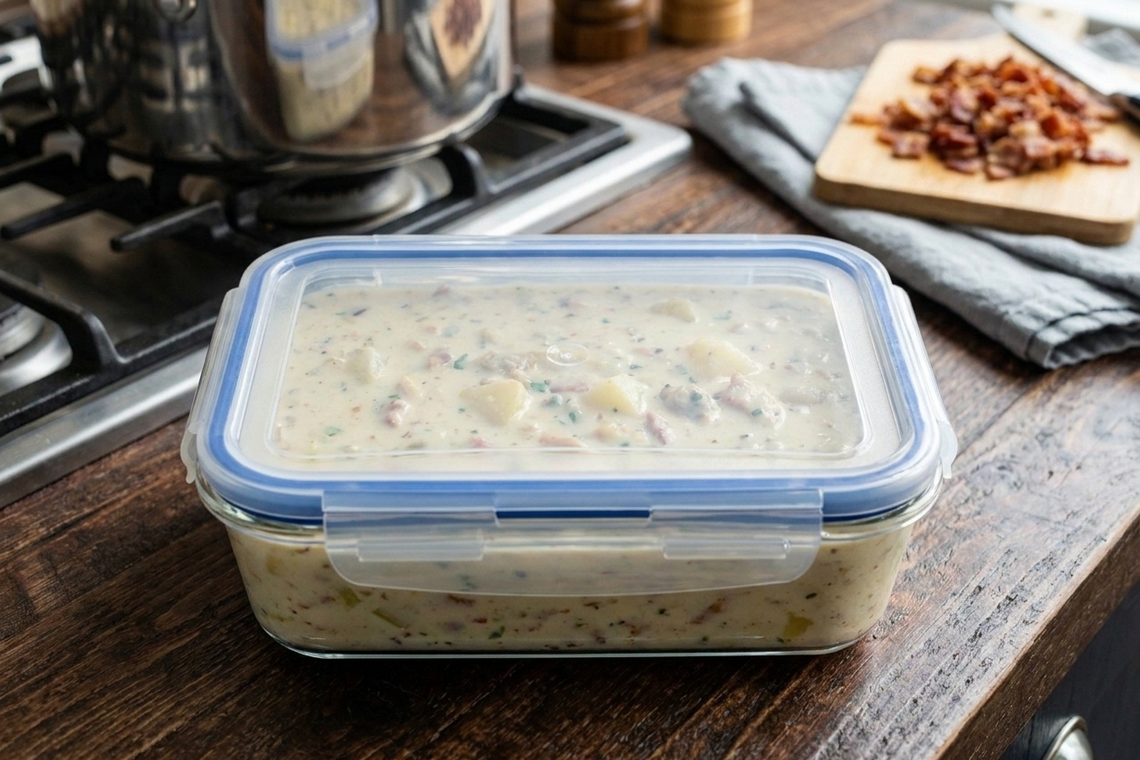 A glass meal prep container filled with clam chowder with a tight lid sitting on a kitchen counter
