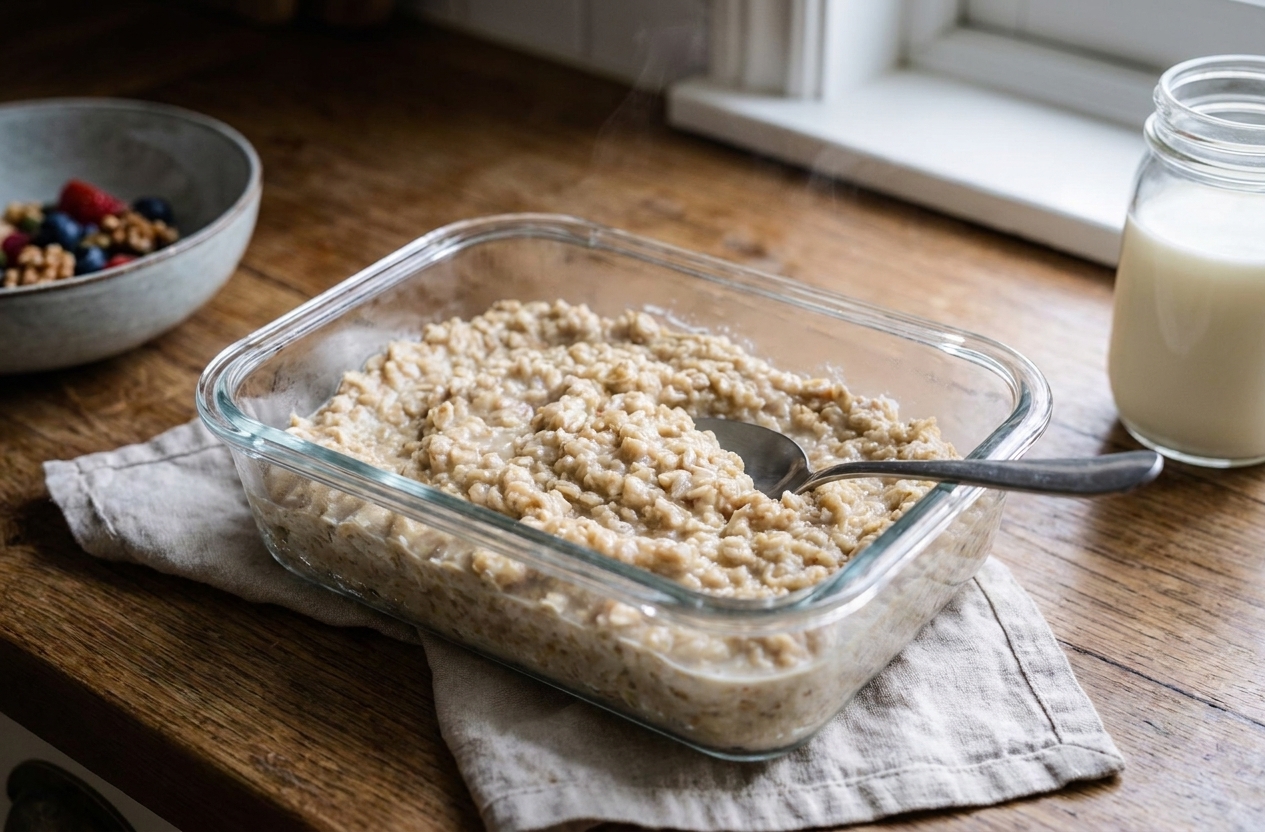 A glass meal prep container filled with cooked Irish oats cooling on a kitchen counter next to a spoon