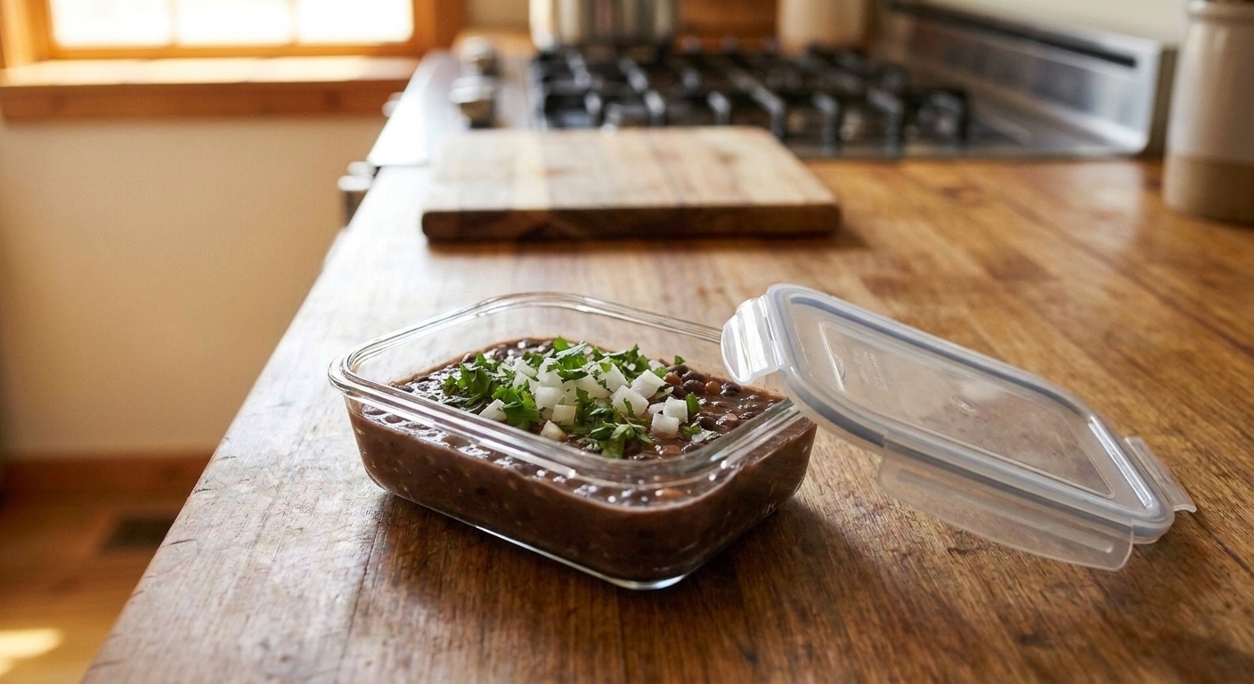 A glass meal prep container filled with cooked Mexican beans, lid set beside it on a kitchen counter