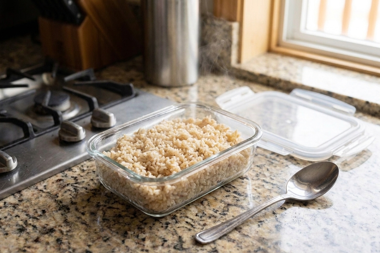 A glass meal prep container filled with cooked brown rice on a kitchen counter next to a lid and a spoon