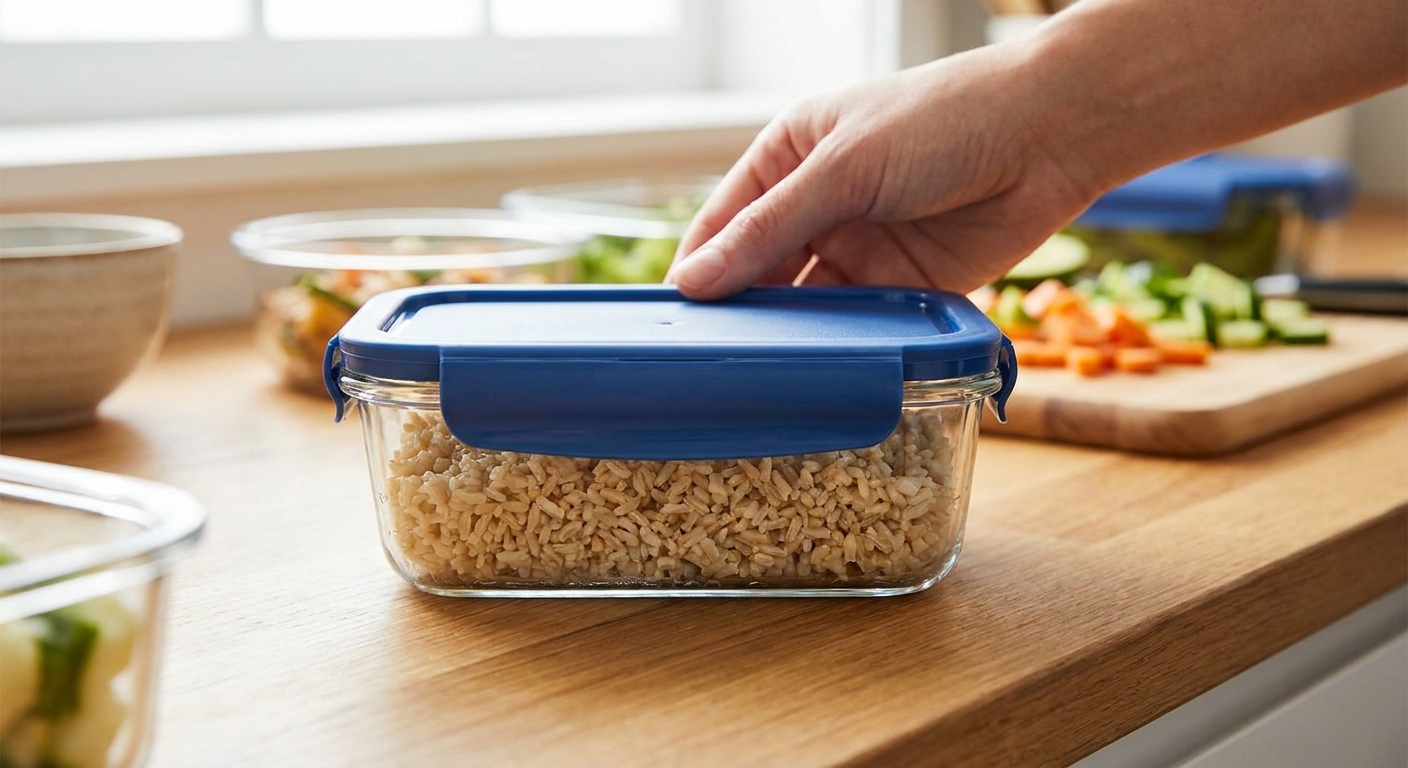 A glass meal prep container filled with cooked brown rice and snapped-on lid sitting on a kitchen counter
