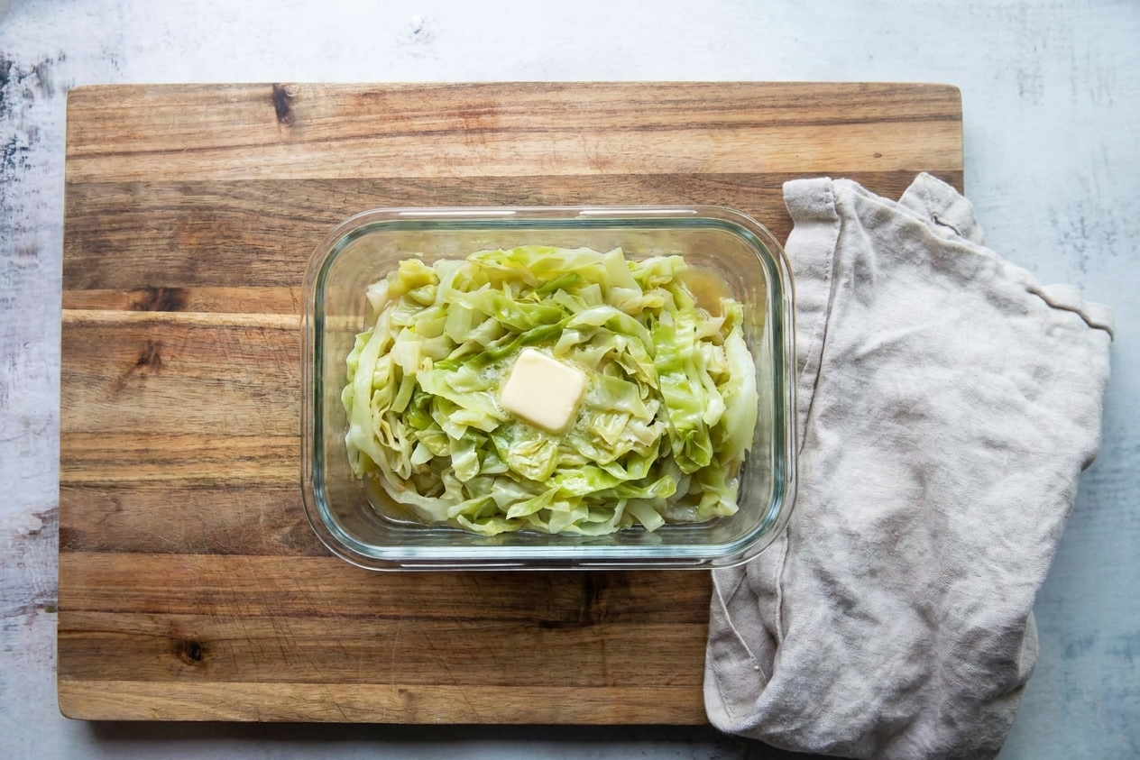 A glass meal prep container filled with cooked cabbage and a small pat of butter on top, sitting on a kitchen counter