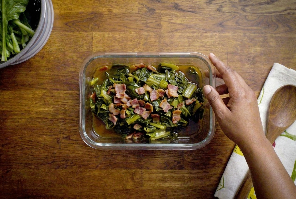 A glass meal prep container filled with cooked mustard greens and bacon, with pot liquor visible at the bottom, on a kitchen counter
