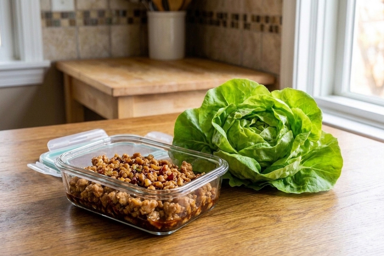 A glass meal prep container filled with cooked saucy ground chicken and vegetables on a kitchen counter next to a fresh head of butter lettuce