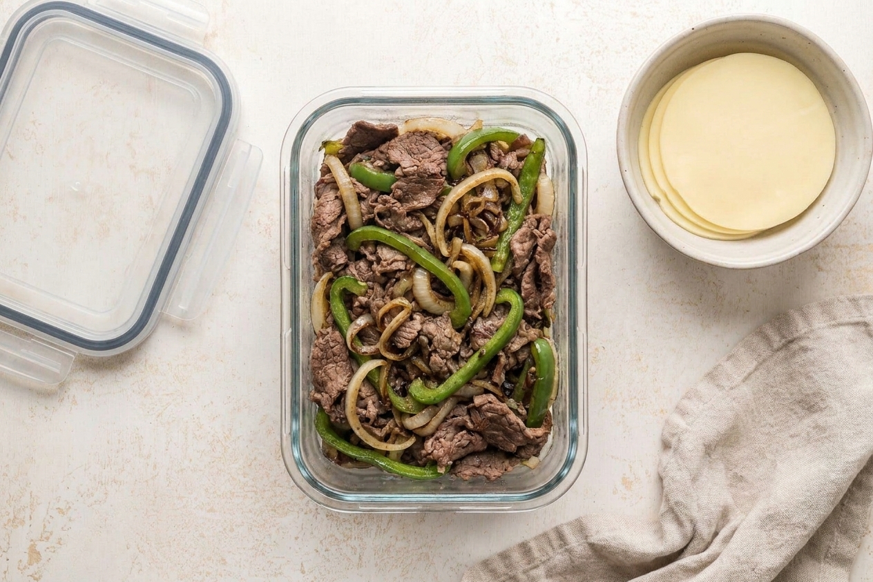 A glass meal prep container filled with cooked shaved steak, onions, and peppers on a kitchen counter next to a lid and a small bowl of provolone slices