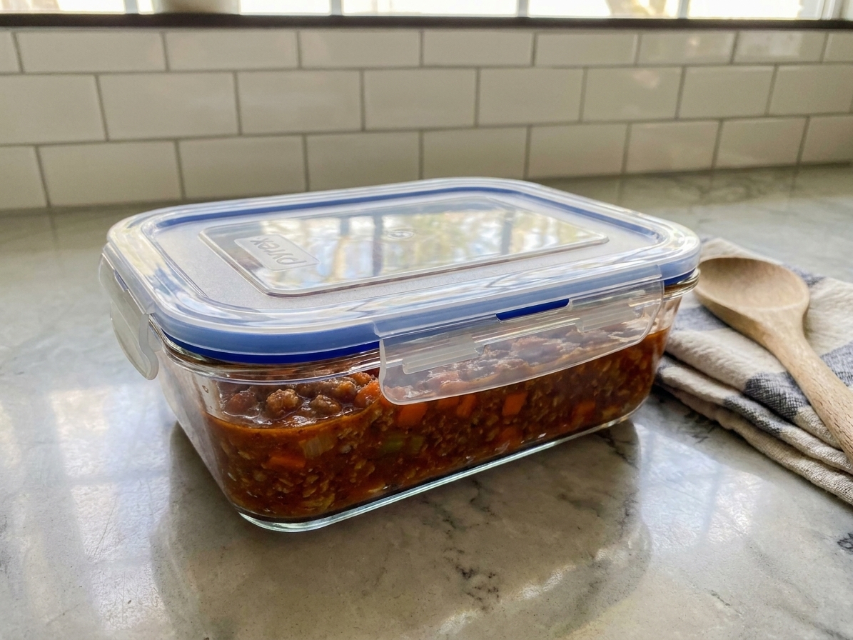 A glass meal prep container filled with cooled bolognese sauce with a snapped-on lid sitting on a kitchen counter